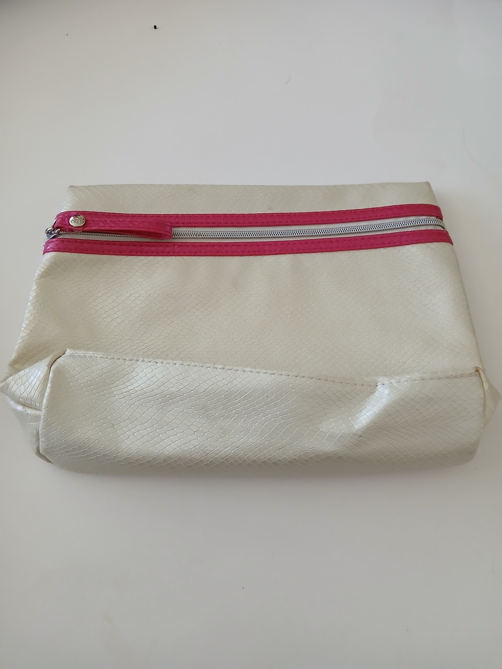 Lancome Cream Faux Snakeskin Cosmetic Pouch with Pink Zip